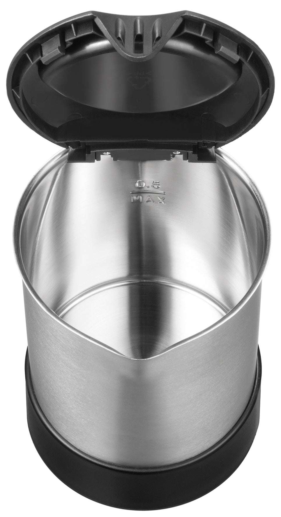 Der Unold Reiseblitzkocher Edelstahl 0,5L verfügt über einen Edelstahlbehälter mit schwarzem Kunststoffdeckel, der beim Öffnen den Blick auf das glatte, leere Innere und eine 0,5L MAX-Messmarkierung im Inneren freigibt.