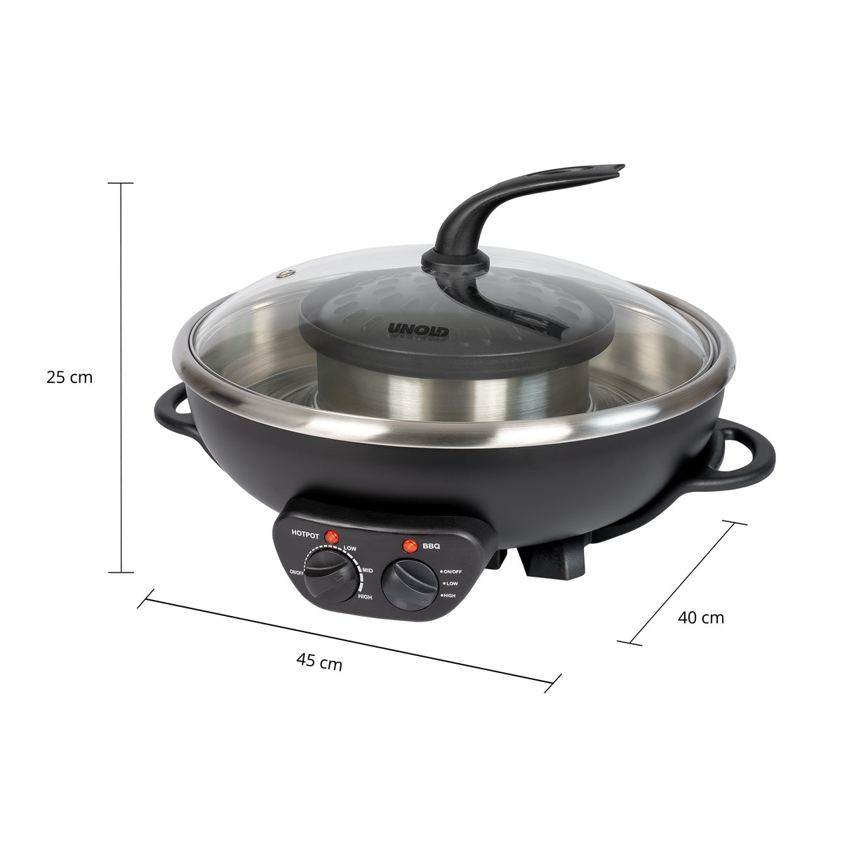 Der Unold Asia Fondue Hot Pot ist eine runde elektrische Pfanne mit einem Glasdeckel, zwei Drehreglern und Maßmarkierungen, die die Abmessungen angeben (25 cm hoch, 45 cm breit und 40 cm tief). Er ist an beiden Seiten mit schwarzen Griffen ausgestattet, die eine einfache Handhabung ermöglichen.