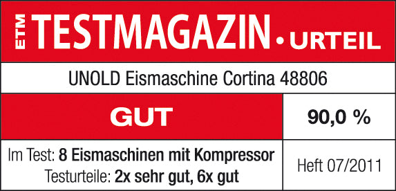Die Unold Eismaschine Cortina 1,5 L wurde vom ETM Testmagazin in der Ausgabe 07/2011 mit GUT (90%) bewertet – im Test unter 8 Eismaschinen (2 sehr gut, 6 gut).