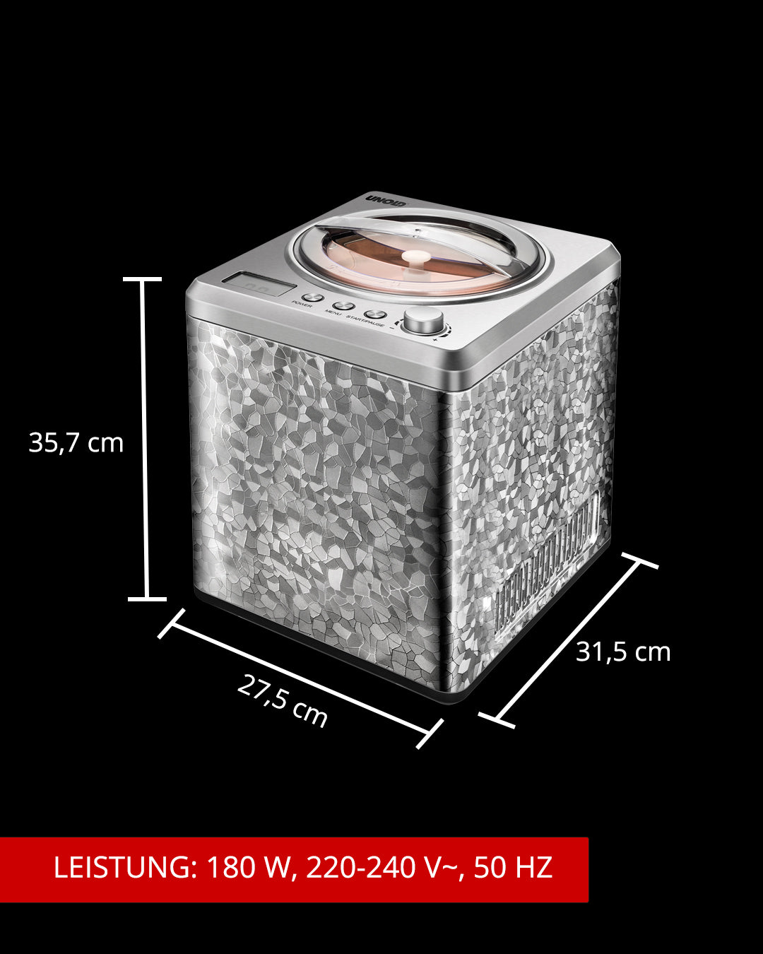 Abgebildet ist eine silberne, strukturierte Eismaschine mit Digitalanzeige und Deckel mit den Abmessungen: 35,7 cm hoch, 27,5 cm breit und 31,5 cm tief. Der Text unten gibt die Leistung an: 180 W, 220–240 V, 50 Hz.