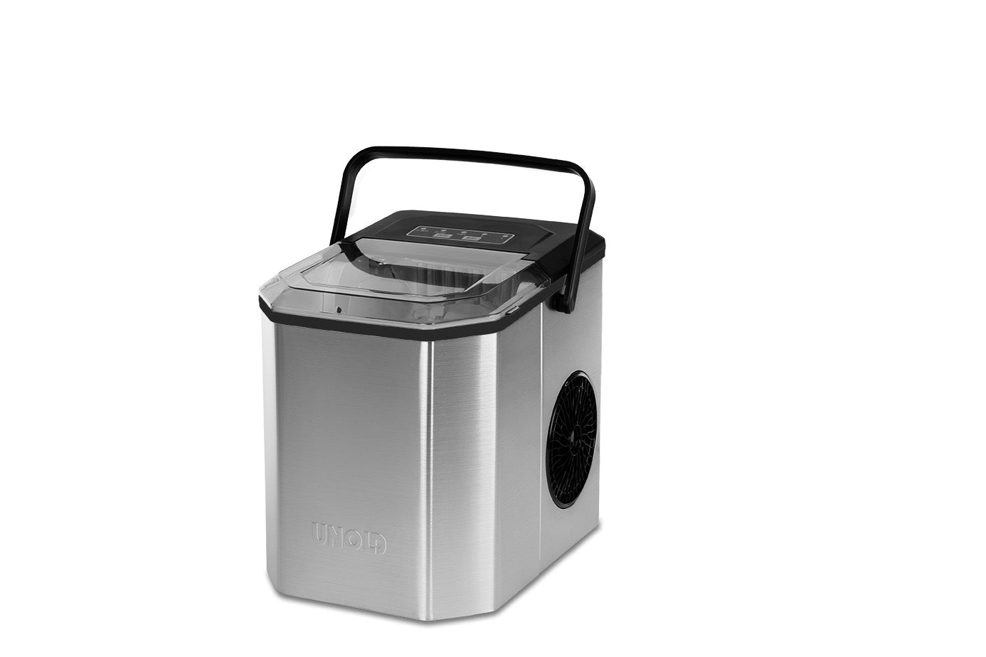 Der Unold Eiswürfelbereiter Erik ist ein tragbarer Eiswürfelbereiter aus Edelstahl mit einem schwarzen Griff, einem transparenten Deckel, einem oberen Bedienfeld und einer seitlichen Entlüftungsöffnung auf weißem Hintergrund.