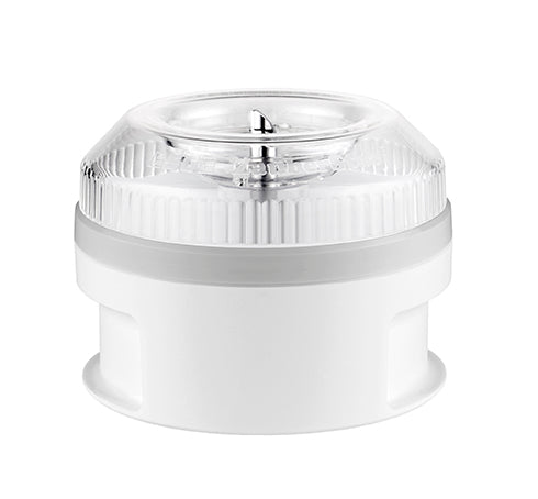 Der ESGE-Zauberstab-Prozessor von ESGE Zauberstab verfügt über eine weiße und transparente Kunststoffkappe mit geripptem Design und abgerundeter Oberseite, die vor einem schlichten weißen Hintergrund angezeigt wird.