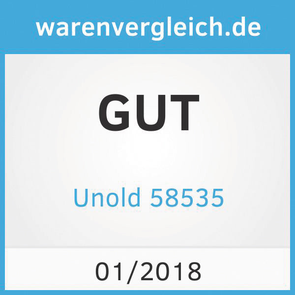 Ein Bewertungszertifikat von warenvergleich.de zeigt für den Unold Barbecue-Grill Edel, Stand 01/2018, in der blau-weißen Farbgebung GUT.