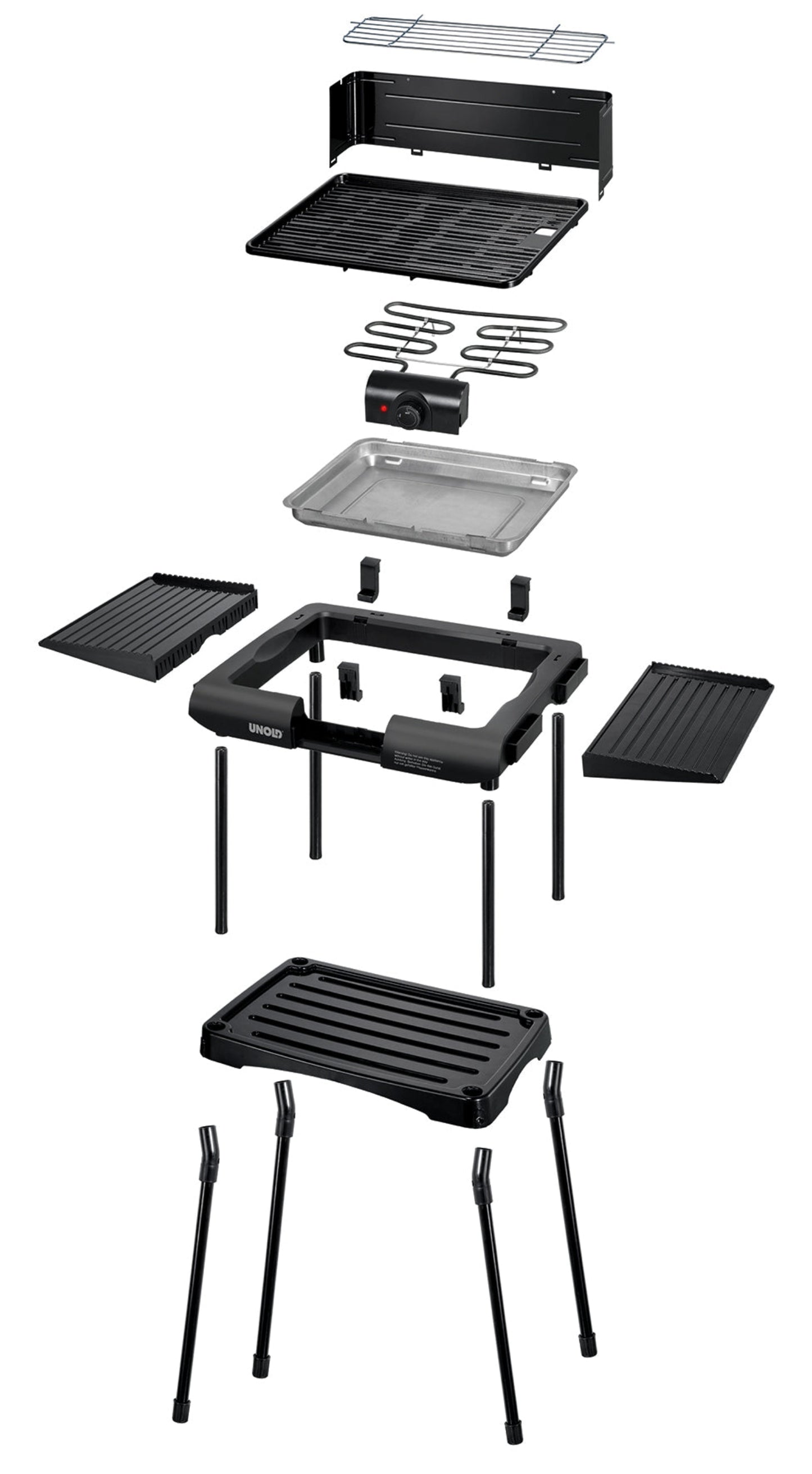 Explosionszeichnung des Unold 58565 Barbecue-Grill Vario von Unold in Schwarz, mit den einzelnen Teilen – Grillrost, Heizelement, Auffangschale, Bedienknopf, Seitenschalen, Rahmen und Beine – vertikal ausgerichtet, um die Montagereihenfolge zu veranschaulichen.