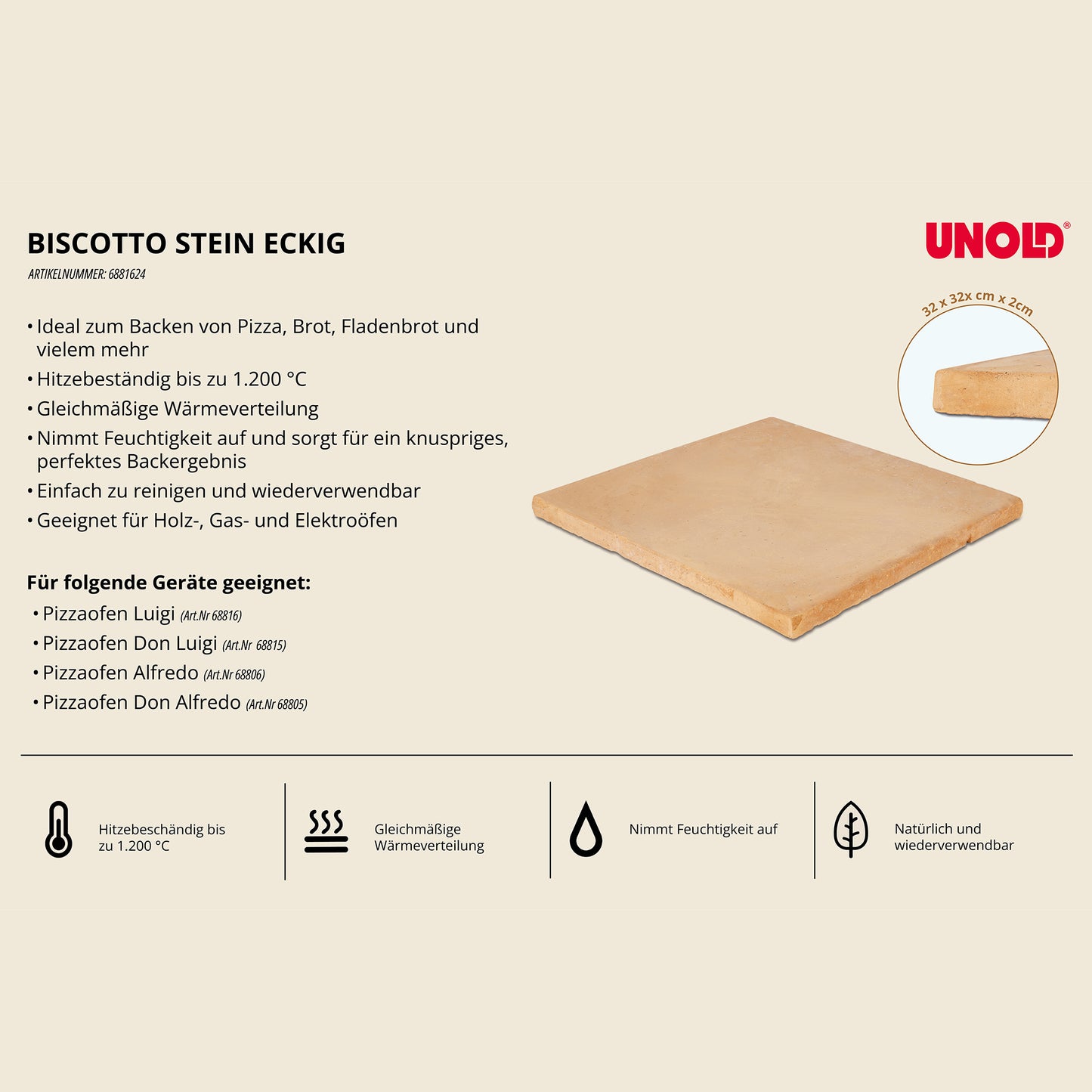 Ein quadratischer, hellbrauner „Biscotto Sorrento Pizzastein, eckig – für Pizzaofen (Don) Luigi & (Don) Alfredo“ von Unold ist auf einem beigen Hintergrund abgebildet; die deutschen Produktangaben heben seine Eignung zum Backen, seine Hitzebeständigkeit bis zu 1.200 °C sowie seine Kompatibilität mit verschiedenen Pizzaöfen hervor.