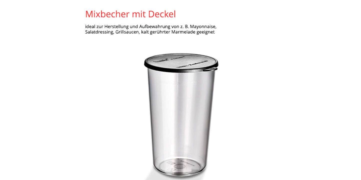 Ein transparenter ESGE Zauberstab Mixbecher mit Deckel 600 ml ist auf weißem Hintergrund abgebildet. Oben steht in roter deutscher Schrift „Mixbecher mit Deckel“, darunter in kleinerem Text die Verwendung für Soßen und Dressings.