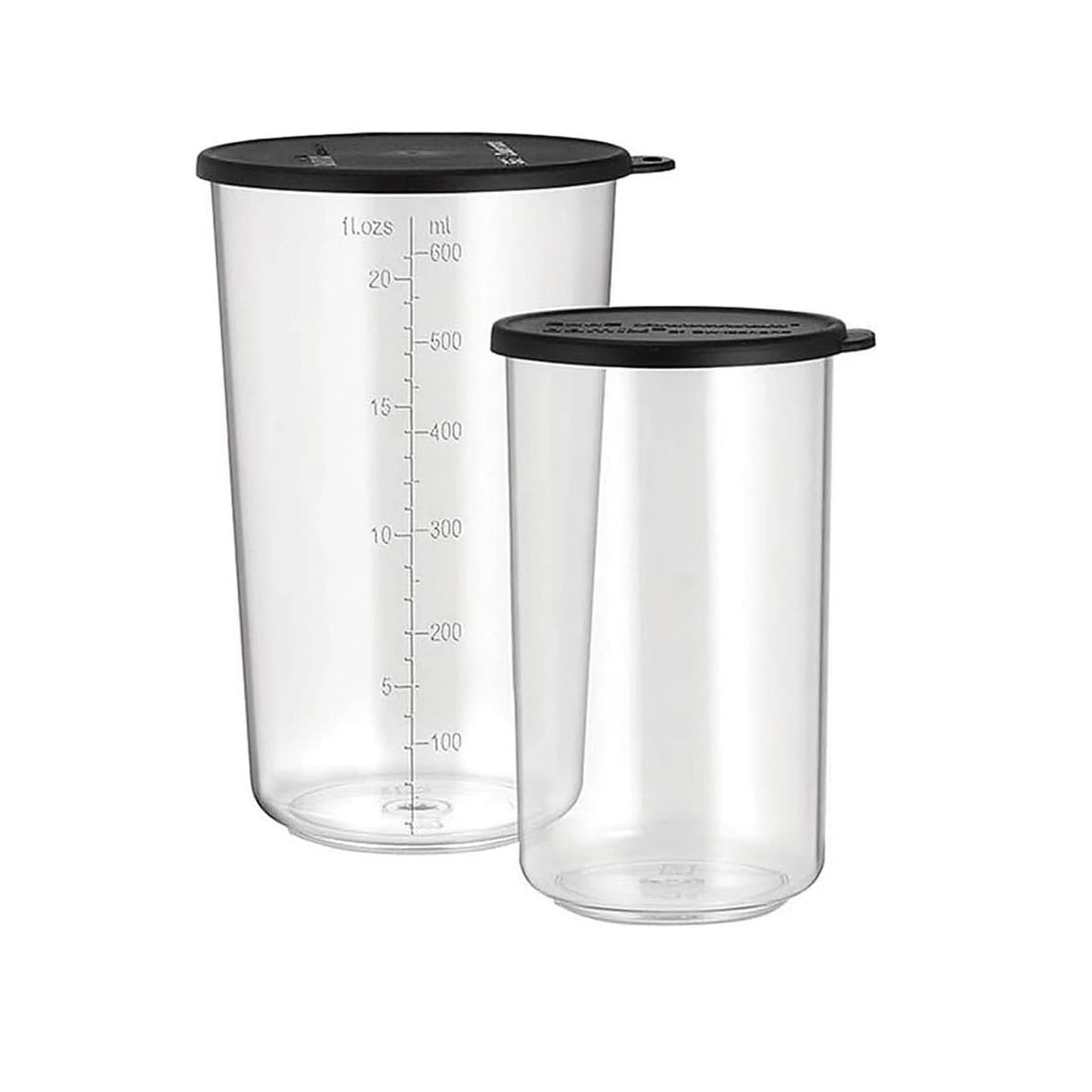 Das Unold ESGE-Zauberstab Becher 2er Set beinhaltet zwei durchsichtige Kunststoffbehälter (600 ml und 400 ml) mit schwarzem Deckel und seitlichen Messmarkierungen in Milliliter und Flüssigunzen.