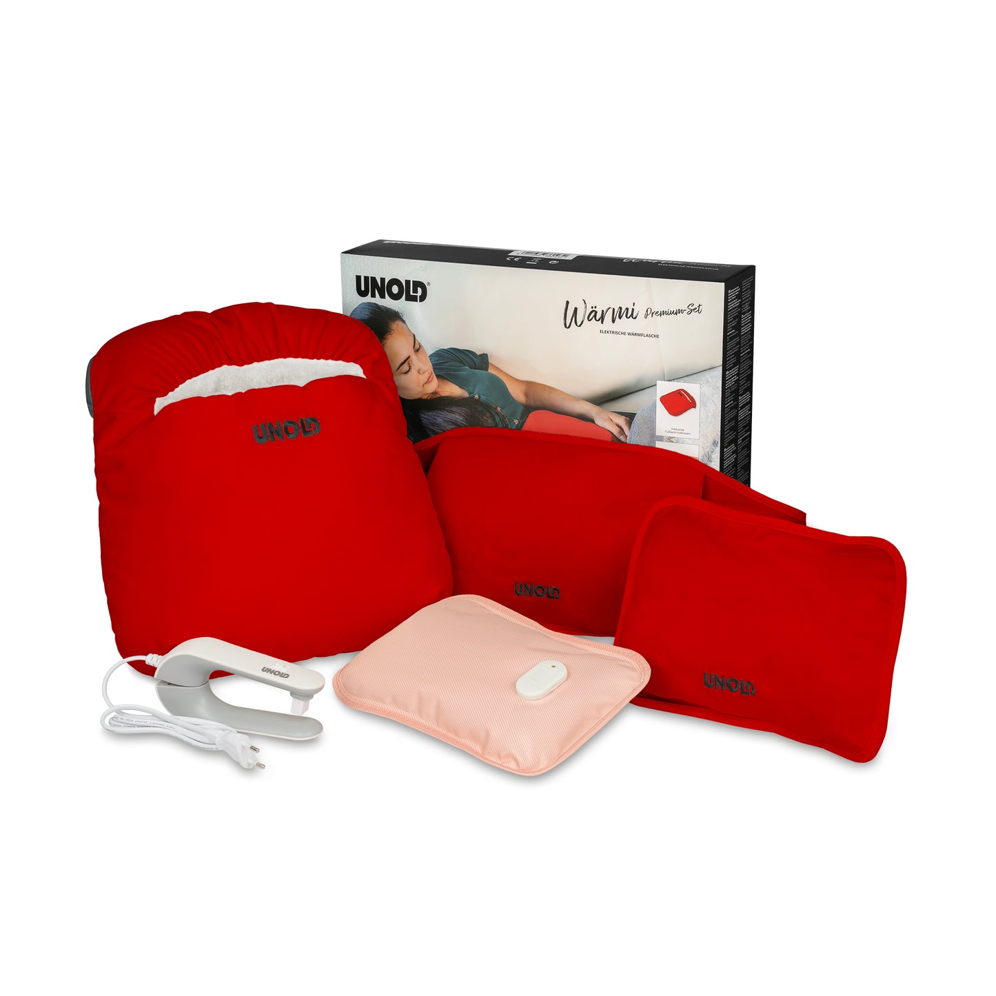 Das Wärmi Premium Set der Unold AG besteht aus roten und rosafarbenen elektrischen Heizkissen und -beuteln mit weißem Regler und Netzkabel, abgebildet vor einer Verpackung mit einer entspannten Frau. Der Schriftzug "Unold AG" ist auf den Artikeln sichtbar.