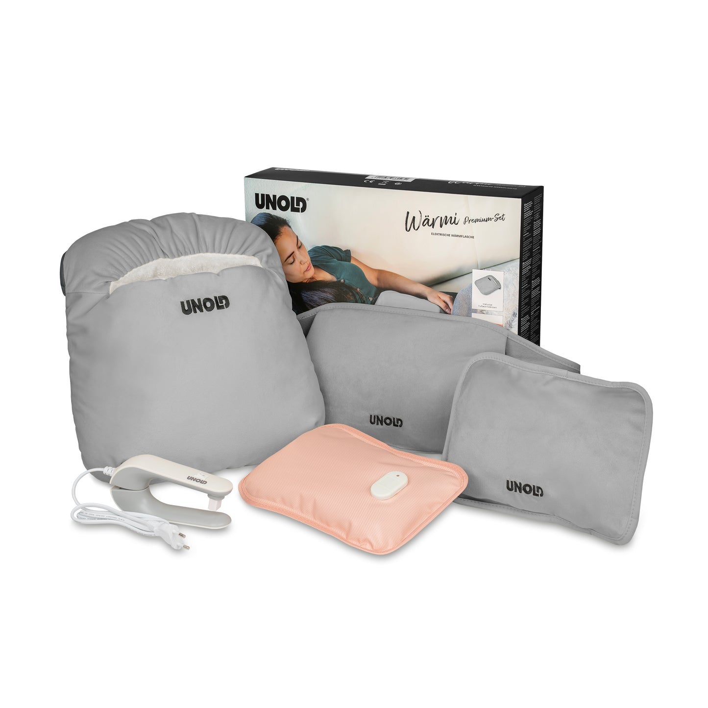 Das Wärmi Premium Set der Unold AG besteht aus hellgrauen und pfirsichfarbenen Heizkissen, einem Handwärmer, einem Flanellbeutel, einem Elektrogerät mit Kabel und einer Box mit einer abgebildeten Entspannungsperson.