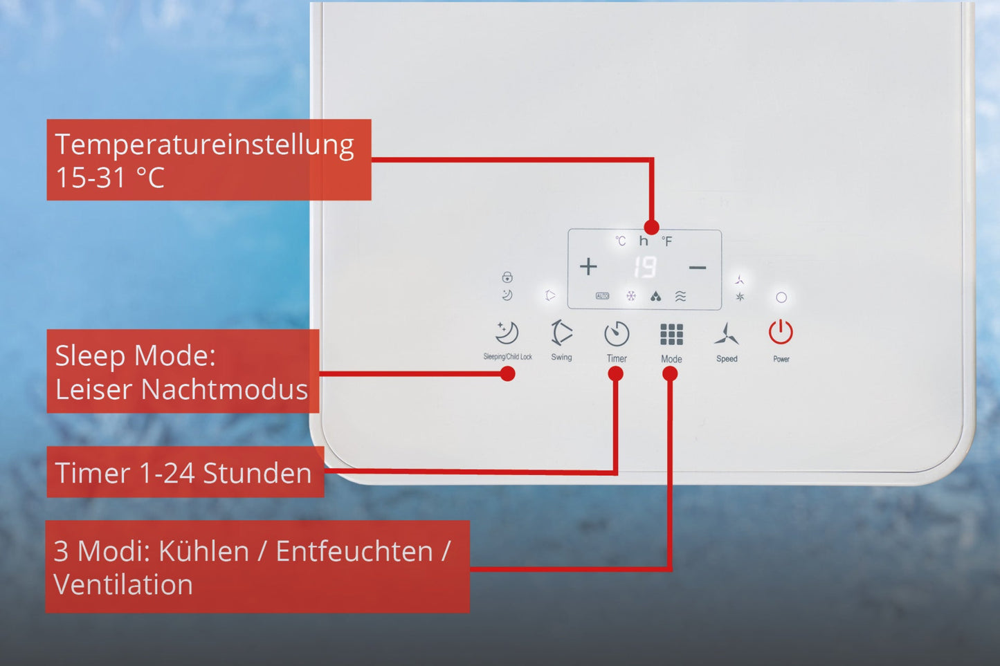 Nahaufnahme des Bedienfelds des Unold Mobiles Klimageräts ARCTIC 7k mit deutschen Beschriftungen für Temperatur (15–31 °C), Schlafmodus, 1–24-Stunden-Timer und drei Funktionen: Kühlen, Entfeuchten und Lüften.