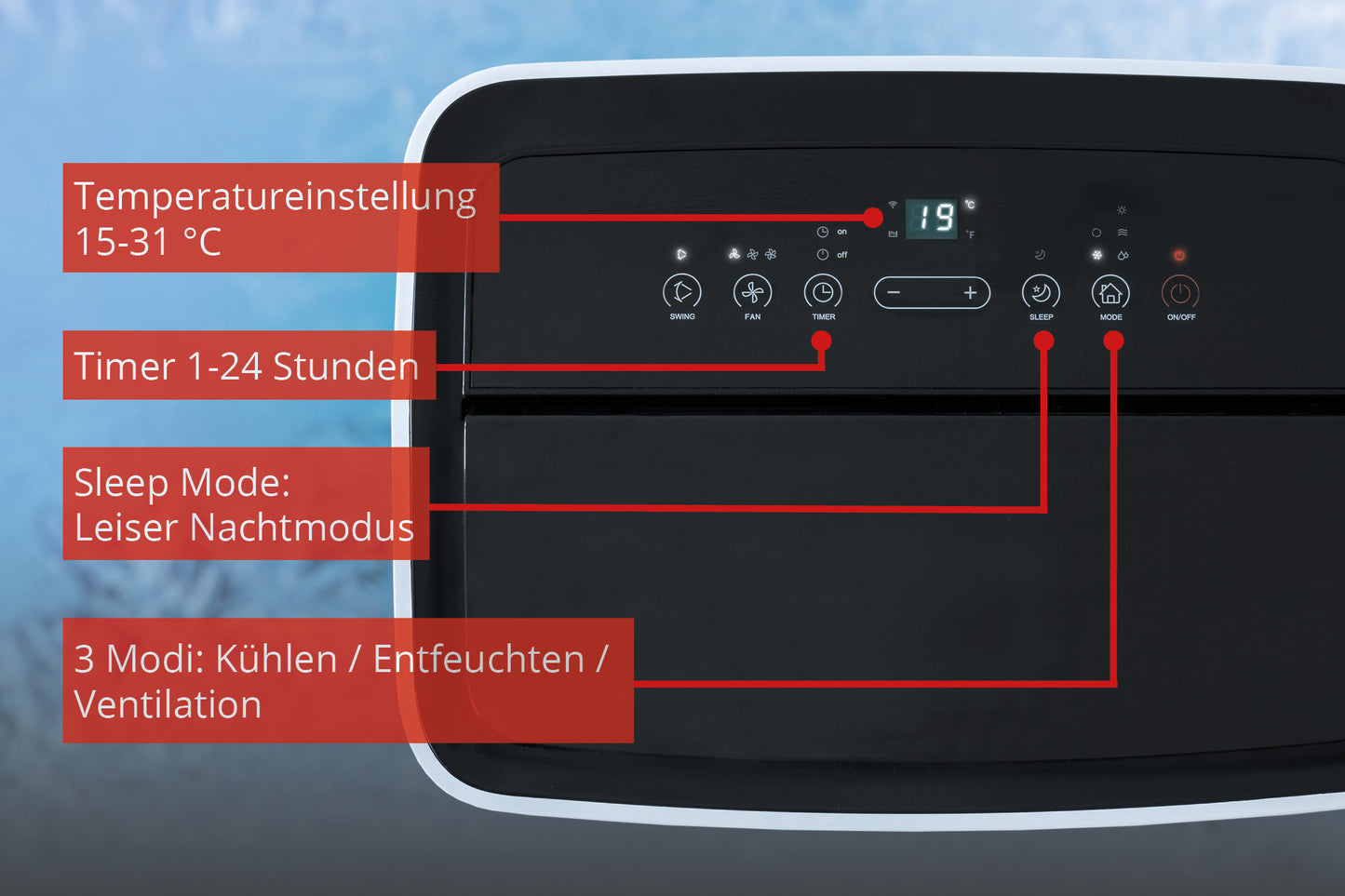 Nahaufnahme des schwarzen Bedienfelds des Unold Mobiles Klimagerät ARCTIC 12k mit deutschen Beschriftungen für Temperatur (15–31 °C), Timer (1–24 Std.), Schlafmodus (leise) und drei Modi: Kühlen, Entfeuchten, Ventilieren.