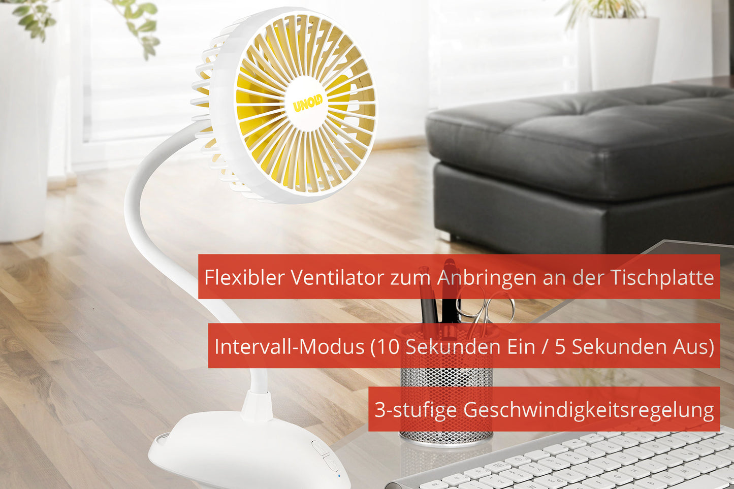 Der Unold TISCHVENTILATOR BREEZY CLIP, ein kleiner, weiß-gelber, flexibler Ventilator, lässt sich an den Schreibtisch klemmen. Der deutsche Text hebt sein anbringbares Design, den Intervallmodus (10 s an/5 s aus) und die drei Geschwindigkeitsstufen hervor.
