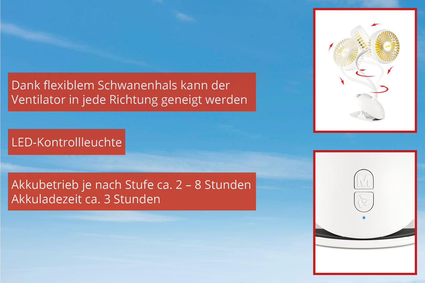 Das Unold Ventilatoren-Set Tischventilator Breezy Clip + Handventilator Breezy Swing verfügt über einen weißen Ventilator mit flexiblem Schwanenhals, LED-Kontrollleuchten, zwei Basistasten, Batteriebetrieb (2–8 Std.), 3-Stunden-Ladezeit und LED-Bedienelementen.
