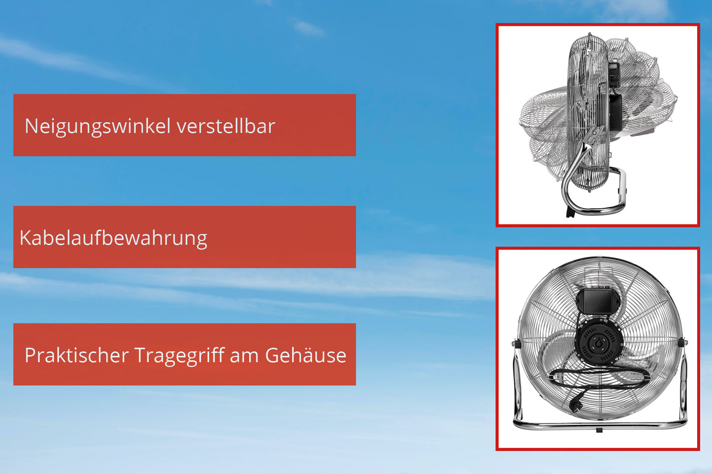 Rechts sind zwei Fotos des Metallventilators Unold WINDMASCHINE SPEED zu sehen. Sie zeigen die verstellbare Neigung, die Kabelaufwicklung und den Tragegriff. Im Hintergrund ist ein blauer Himmel mit Wolken zu sehen. Deutsche Textfelder beschreiben die einzelnen Funktionen.