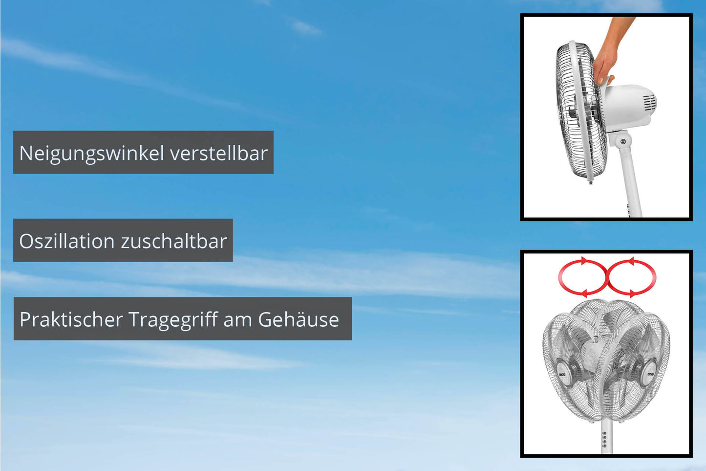 Vor einem blauen Himmelshintergrund werden drei Funktionen des STANDVENTILATORS Silverline von Unold in deutscher Sprache dargestellt. Einblendungen zeigen Seiten- und Draufsichten und heben die einstellbare Neigung, die Oszillationsfunktion und den praktischen Tragegriff hervor.
