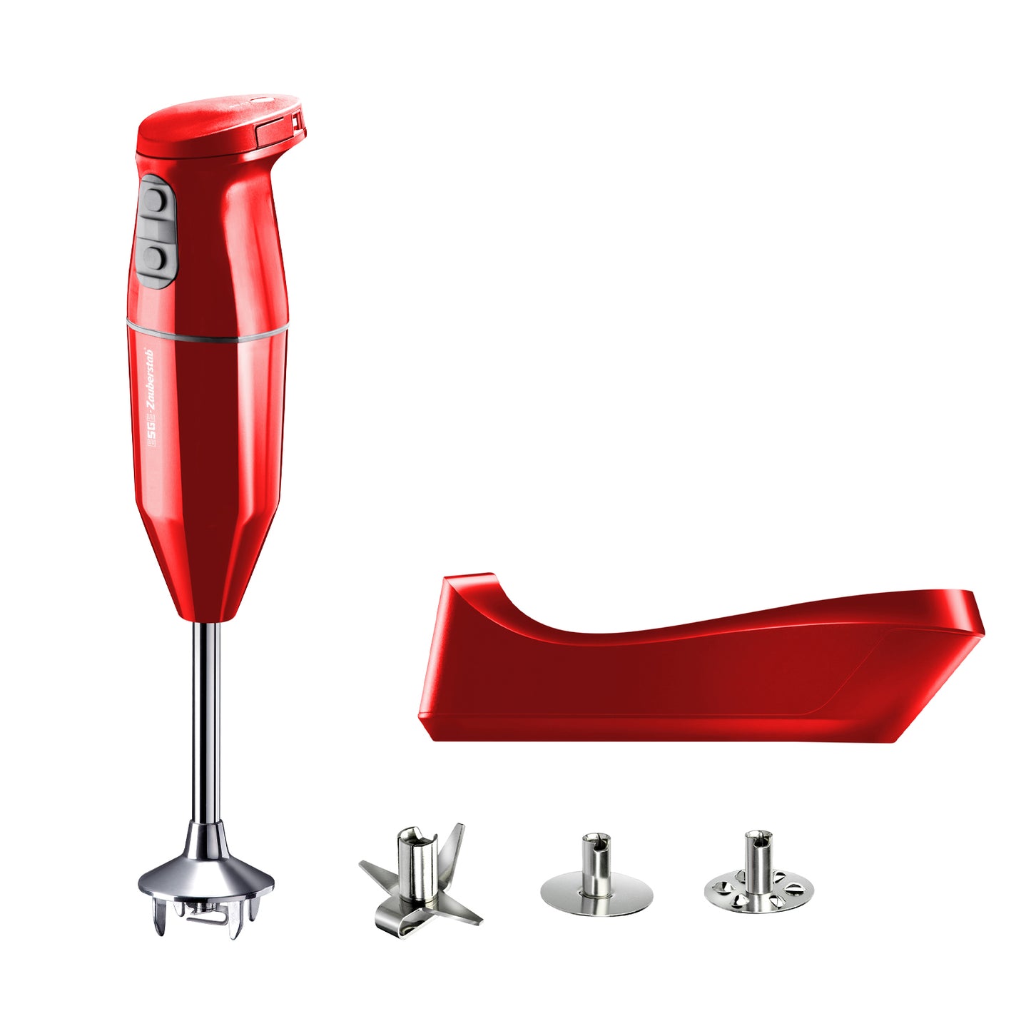 Der Unold ESGE Zauberstab Cordless 95102 ist ein roter, kabelloser Stabmixer (2500 mAh Li-Ion, bis zu 13.000 U/min) mit abnehmbarem Metallschaft (23 cm), passendem roten Standfuß und drei auswechselbaren Edelstahl-Klingenaufsätzen.