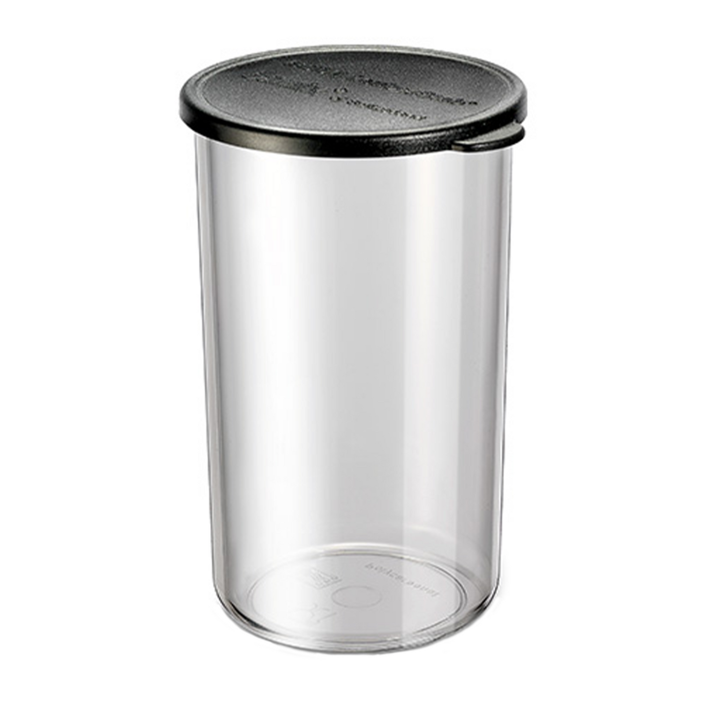 Der ESGE-Zauberstab Mixbecher mit Deckel 400 ml von ESGE Zauberstab ist ein durchsichtiger, zylindrischer Lebensmittelbehälter aus Kunststoff mit einem dichten schwarzen Deckel, der leer auf weißem Hintergrund abgebildet ist.