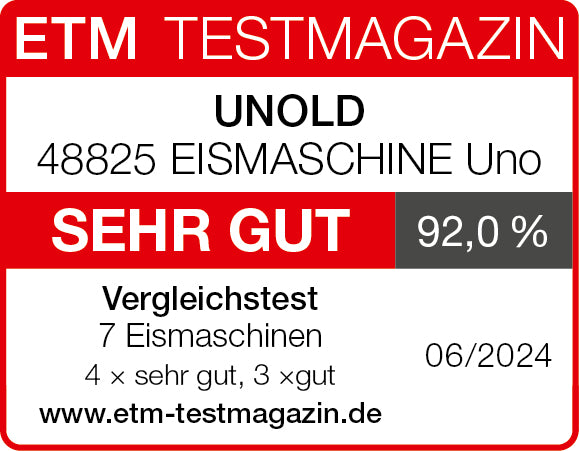 Das rot-weiße Etikett des ETM Testmagazins zeigt, dass die Unold Eismaschine Uno 1,2 L im Juni 2024 im Test von 7 Eismaschinen mit 92,0 % die Note „Sehr Gut“ erhielt. Weitere Informationen finden Sie unter www.etm-testmagazin.de.