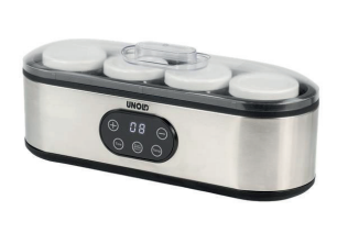 Der Unold Joghurtbereiter JOGI ist ein Joghurtbereiter aus rostfreiem Stahl mit digitaler Anzeige, Bedienknöpfen und einem durchsichtigen Deckel, der den Blick auf mehrere kleine Gläser im Inneren freigibt.