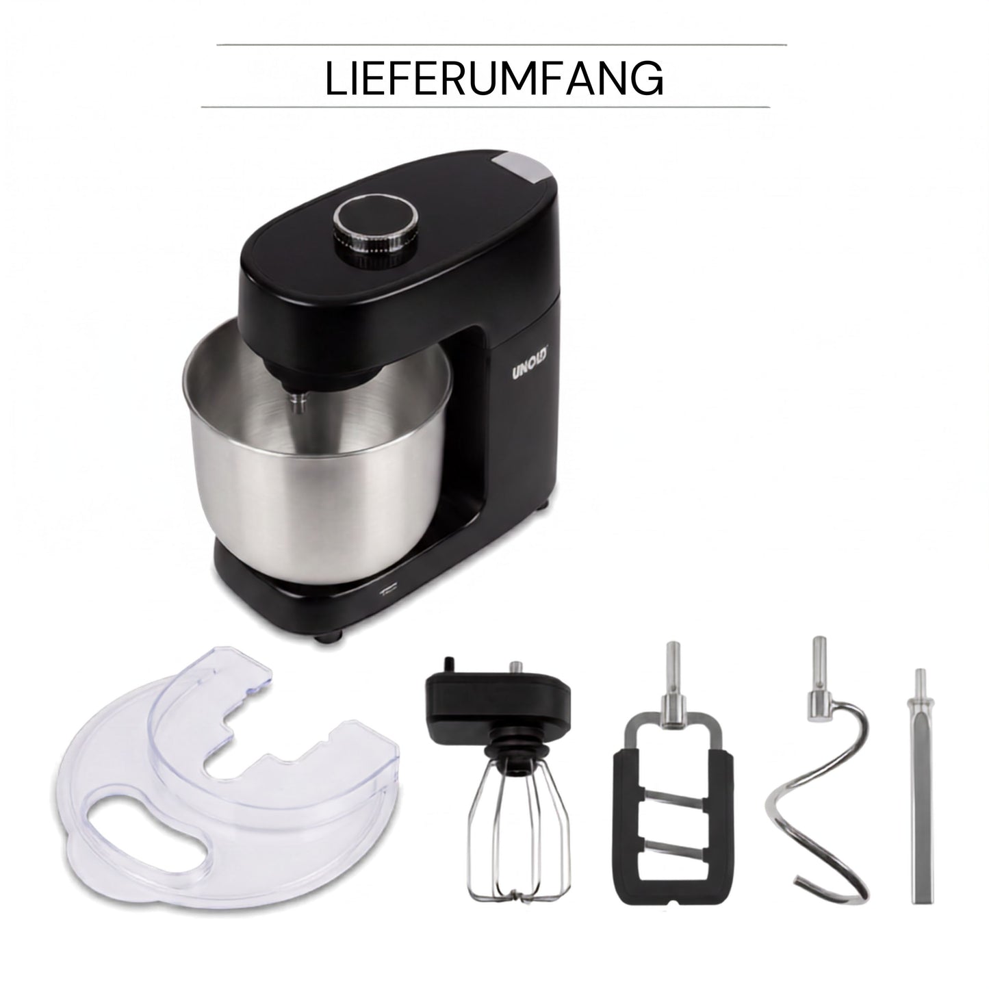 Die Unold Spiralknetmaschine Spirella ist eine schwarze Küchenmaschine mit einer Edelstahlschüssel. Zum Lieferumfang gehören ein Spritzschutz, ein Schneebesen, ein Flachrührer und ein Knethaken. Über der Küchenmaschine ist das Wort „LIEFERUMFANG“ zu lesen.