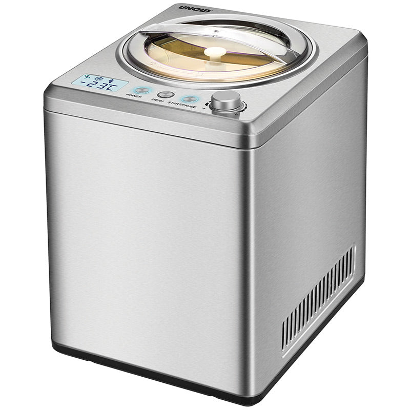 Die Unold Eismaschine Profi Plus 2,5 L ist eine Eismaschine aus Edelstahl mit transparentem Deckel mit der Marke Unold, sichtbarem Rührpaddel, Digitalanzeige und Bedientasten.