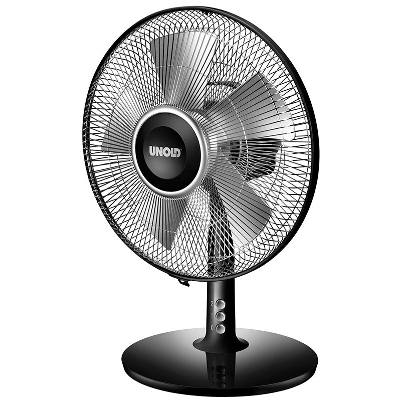 Der Unold TISCHVENTILATOR SILVERLINE ist ein schwarz-silberner elektrischer Tischventilator mit rundem Gitter, drei Flügeln, Bedienknöpfen am Standfuß und der Aufschrift „Unold“ in der Mitte.