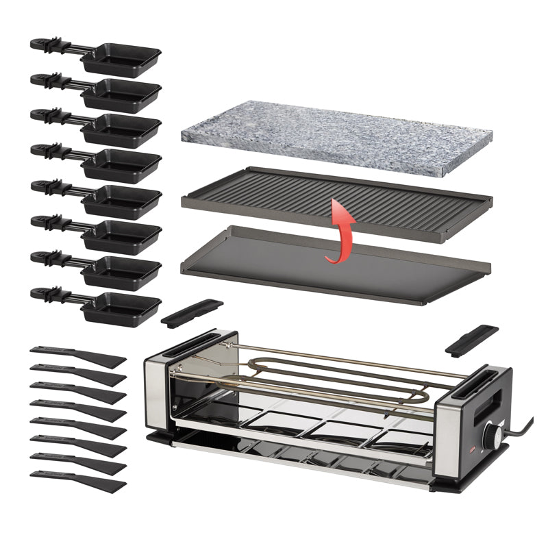 Das Unold Raclette Delice Basic Set besteht aus Basiseinheit, Heizelement, Granitstein, Grillplatte, Metallschale, acht Pfännchen mit Griffen und acht Spateln, die separat angeordnet sind, um jedes Teil zu zeigen.