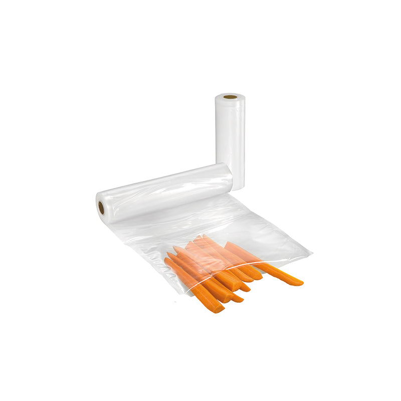 Auf weißem Untergrund sind zwei Unold Vakuum-Folienrollen und eine Tüte orangefarbene Karottensticks abgebildet.