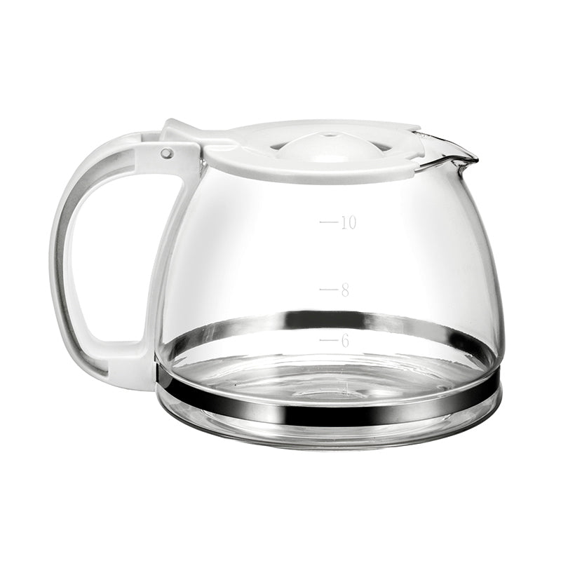 Die Unold Glaskanne für KAFFEEAUTOMAT Easy White 28020 ist eine Kaffeekanne aus Klarglas mit weißem Henkel und Deckel, seitlichen Messmarkierungen und einem silbernen Band um den Boden.