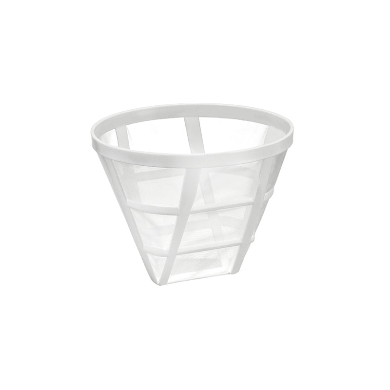 Der Unold Dauerfilter für KAFFEEAUTOMAT Easy White 28020 ist ein weißer, wiederverwendbarer Kaffeefilterkorb mit konischem Netz und Kunststoffrahmen, abgebildet auf schlichtem weißem Hintergrund.
