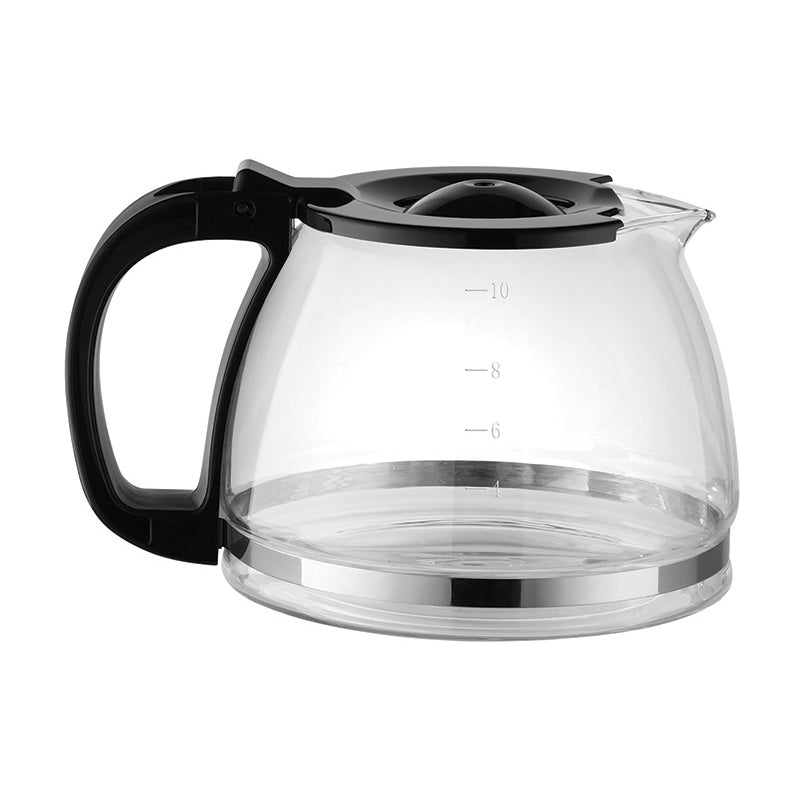Die Unold Glaskanne für KAFFEEAUTOMAT Easy Black 28025 ist eine Kaffeekanne aus Klarglas mit schwarzem Henkel und Deckel, seitlichen Messmarkierungen und einem Ausguss zum einfachen Ausgießen.