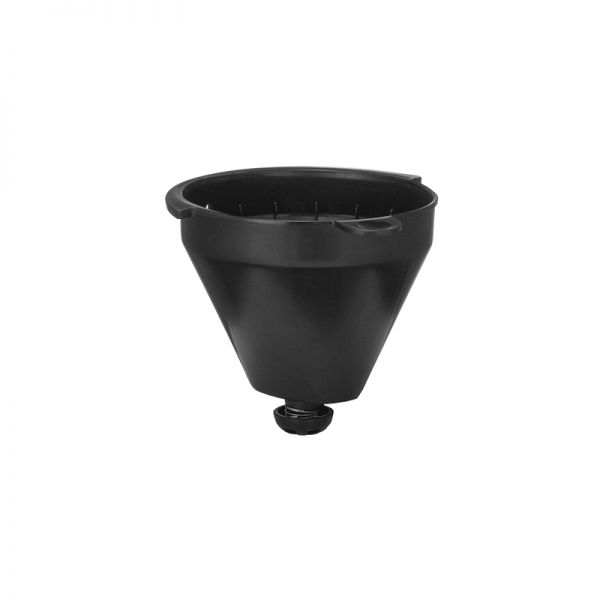 Der Unold Filterhalter für KAFFEEAUTOMAT Compact 28120, 28125 und 28128 ist ein schwarzer Kunststofftrichter mit breiter Oberseite und schmaler Tülle, abgebildet vor einem schlichten weißen Hintergrund.