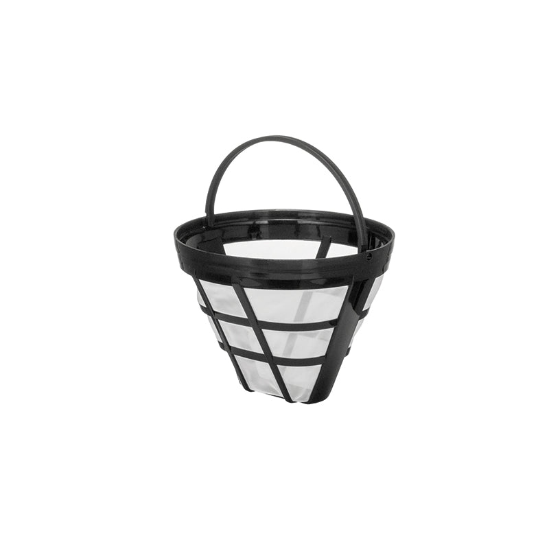 Der Unold Dauerfilter für KAFFEEAUTOMAT Compact 28120, 28125 und 28128 ist ein schwarzer Kaffeefilterkorb aus Kunststoff und Netz mit Griff, der für die Verwendung in kompatiblen Unold-Kaffeemaschinen entwickelt wurde.