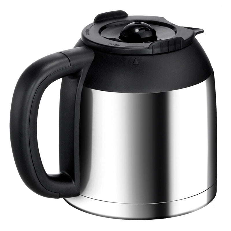 Die Unold Warmhaltekanne für KAFFEEAUTOMAT 28465 ist eine glänzende Kaffeekanne aus Edelstahl mit schwarzem Kunststoffgriff und -deckel, die über einen Ausgießer verfügt und zum Warmhalten von Getränken konzipiert ist.