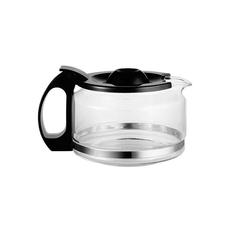 Die Unold Glaskanne für KAFFEEAUTOMAT Mühle Kompakt 28722, 28724 und 28725 besteht aus klarem Glas mit schwarzem Henkel und Deckel sowie einem silbernen Band um den Boden, isoliert auf weißem Hintergrund dargestellt.