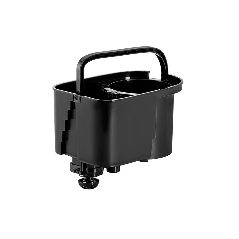 Der Unold Wasser- und Bohnenbehälter für KAFFEEAUTOMAT Mühle Kompakt 28722/28724/28725 wird vor einem weißen Hintergrund präsentiert und verfügt über eine robuste schwarze Kunststoffkonstruktion und einen praktischen Griff für eine bequeme Nutzung.