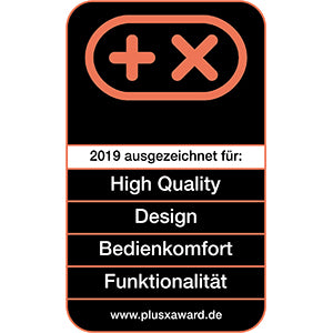 Ein schwarz-orangefarbenes Siegel mit dem Plus X Award-Logo und Text: 2019 ausgezeichnet für: Hohe Qualität, Design, Bedienkomfort, Funktionalität. Produkt: Toaster 2er Retro von Unold. Website: www.plusxaward.de.