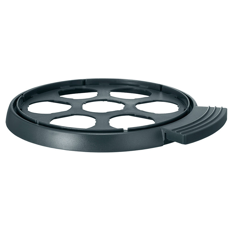 Der Unold Eiereinsatz für EIERKOCHER White Line 38641 ist ein runder, schwarzer Kunststoffeinsatz mit großen kreisrunden Öffnungen und einem kleinen seitlichen Griff, der passend für einen Eierkocher konzipiert ist.