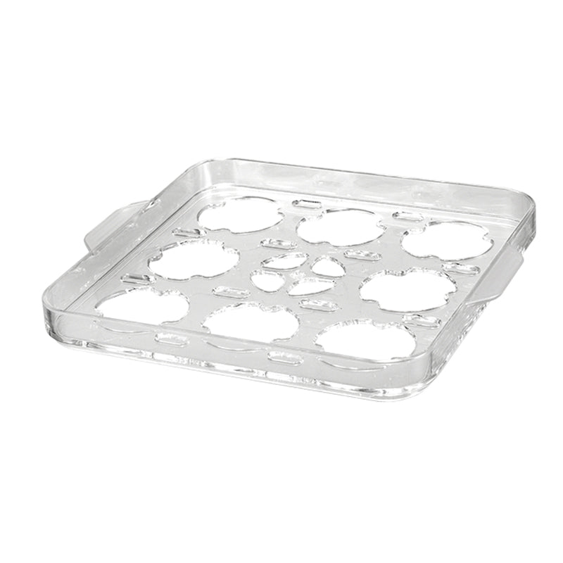 Der Unold Eiereinsatz für DAMPFGARER Mini Allround 38650 ist ein klares, quadratisches Tablett aus Kunststoff mit abgerundeten Kanten, Griffen auf beiden Seiten und mehreren unregelmäßigen, blumenförmigen Aussparungen auf der Oberfläche.