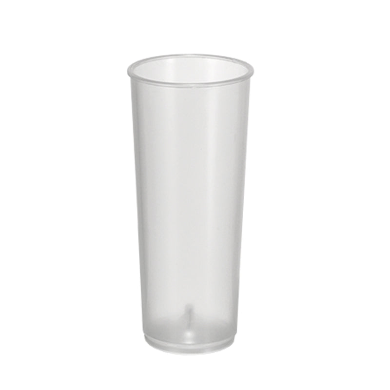 Der Unold Messbecher für DAMPFGARER Mini Allround 38650 ist ein klarer, leerer Kunststoffbecher mit geraden Seiten und leicht ausgestelltem Rand, der aufrecht stehend auf weißem Hintergrund abgebildet ist.