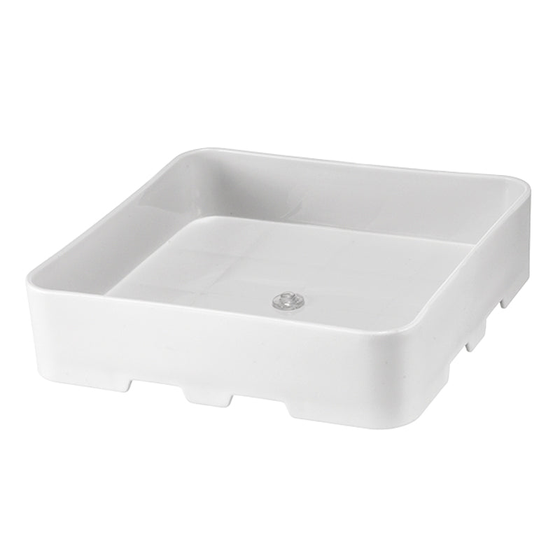 Auf einem schlichten weißen Hintergrund ist eine weiße, quadratische Kunststoffschale mit erhöhten Rändern und einer zentralen Erhebung abgebildet, die Unold Große Garschale für DAMPFGARER Mini Allround 38650.