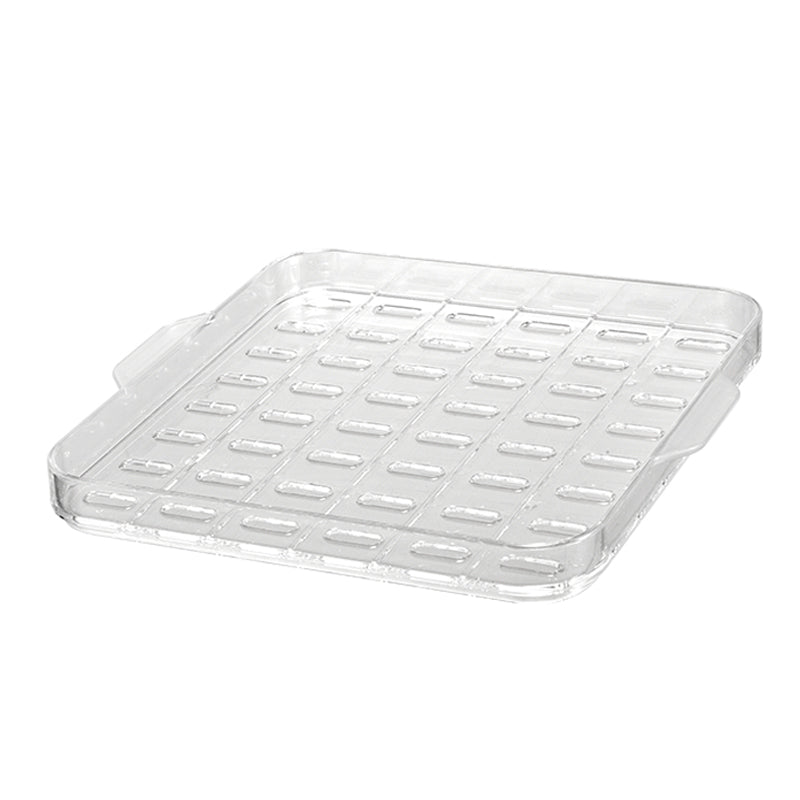 Der Unold Gareinsatz für DAMPFGARER Mini Allround 38650 ist eine durchsichtige, quadratische Kunststoffschale mit zwei seitlichen Griffen und einem Gittermuster aus rechteckigen Schlitzen auf der Unterseite.