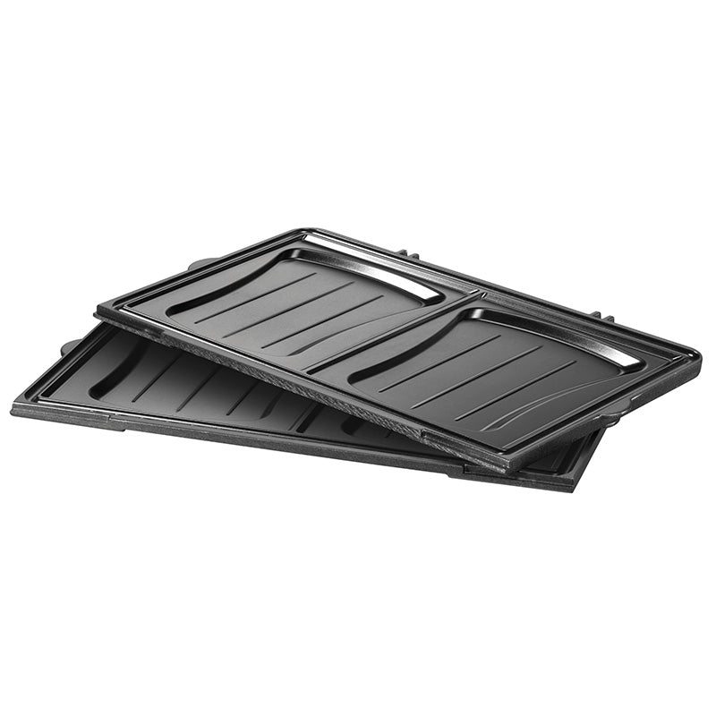 Die Unold Sandwich-Platte in Muschelform für MULTI 3 in 1 48356 (einzeln) ist eine schwarze, geriffelte rechteckige Grillplatte, perfekt für Innen- oder Tischgrills.