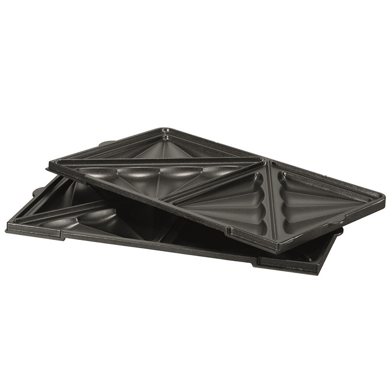Die Unold Sandwich-Platte für MULTI 3 in 1 Onyx (einzeln) ist eine schwarze, antihaftbeschichtete Platte mit dreieckigen Abschnitten, die zum Zubereiten getoasteter Sandwiches konzipiert ist.