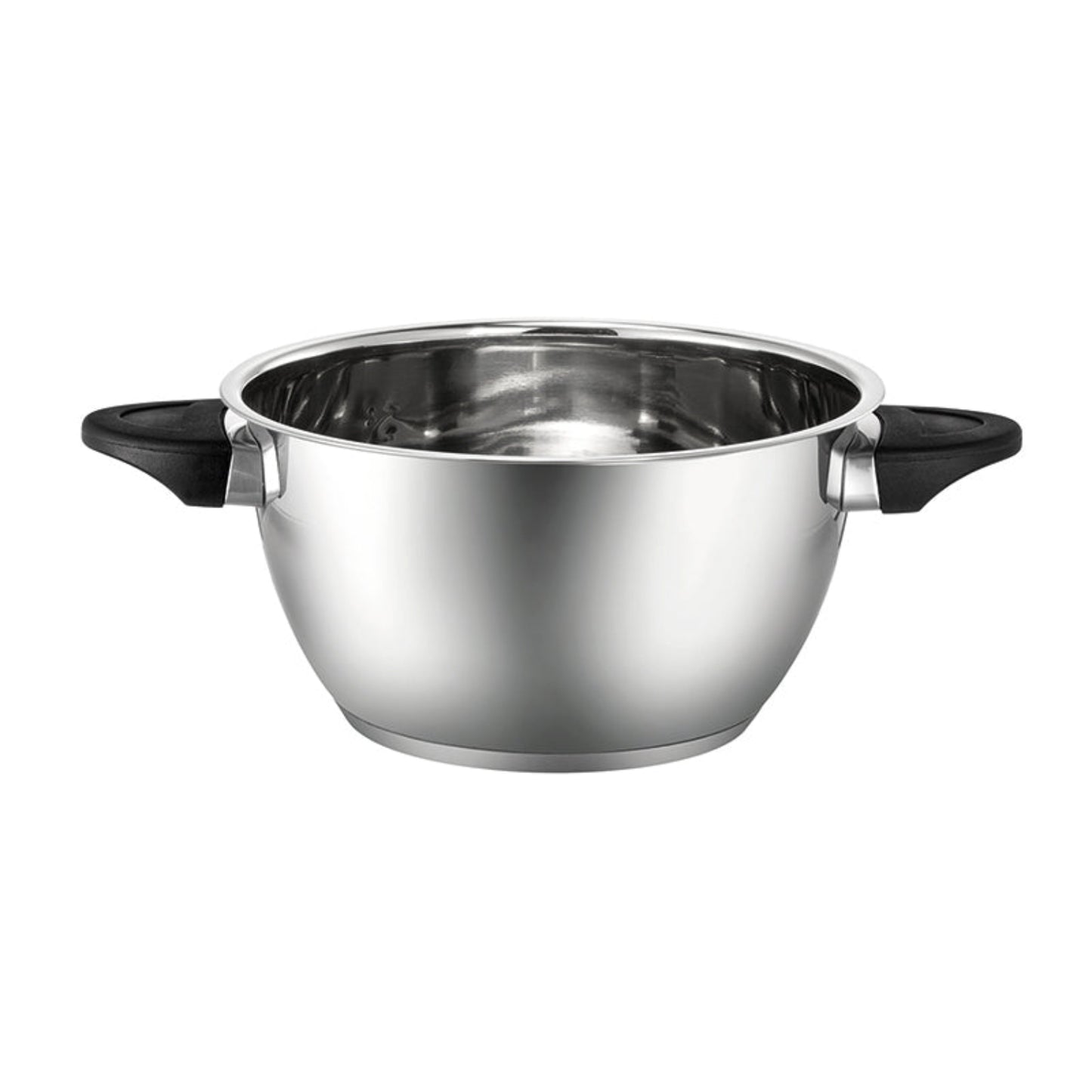 Der Unold Edelstahl-Topf für FONDUE-SET 48615 ist ein leerer, glänzender Edelstahltopf mit schwarzen Seitengriffen, der eine reflektierende Oberfläche aufweist und auf einem weißen Hintergrund abgebildet ist.