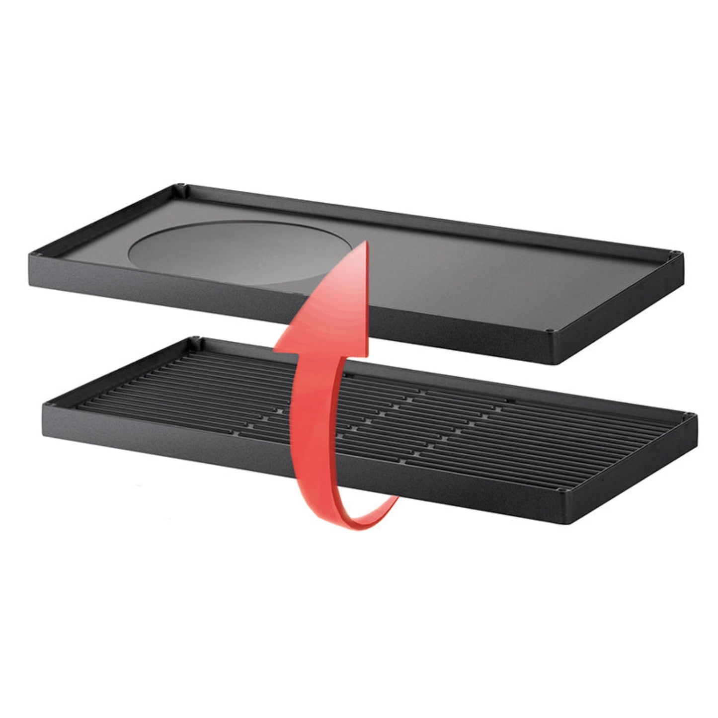 Die Unold Grillplatte Metall wendbar für RACLETTE 48730, 48760 und 48785 wird als zwei rechteckige schwarze Platten dargestellt – eine glatt, eine gerippt – mit einem roten Pfeil, der ihr reversibles Design veranschaulicht.