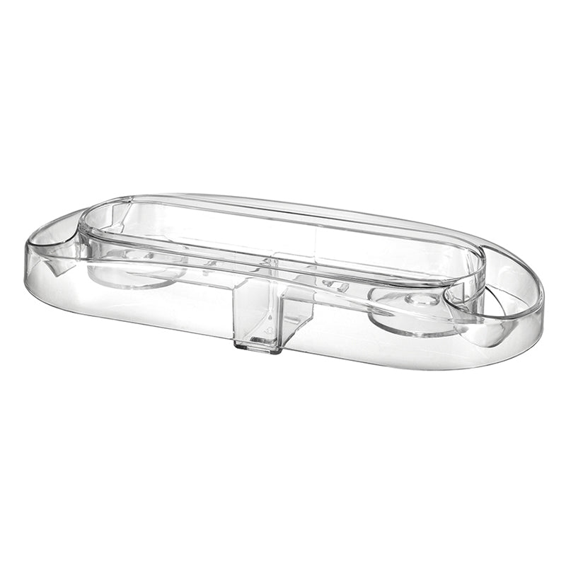 Draufsicht auf den Unold Klarsichtdeckel für EISMASCHINE 48850: ein klarer, ovaler Kunststoffdeckel mit zwei runden Fächern auf jeder Seite und einer erhabenen Mitteltrennwand, abgebildet auf weißem Hintergrund.