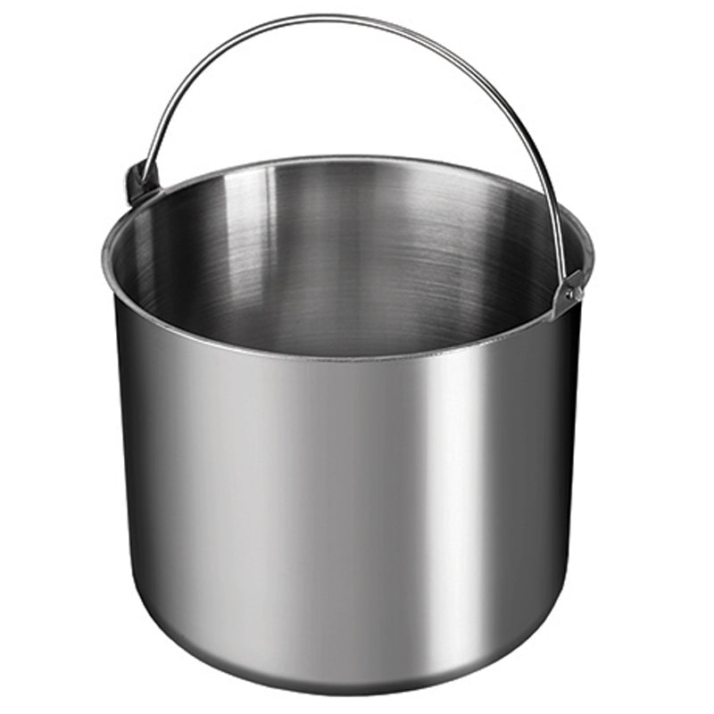 Der Unold Eisbehälter für EISMASCHINE 48845 ist ein glänzender Edelstahleimer mit abgerundetem Boden und Metallgriff, abgebildet vor einem schlichten weißen Hintergrund.