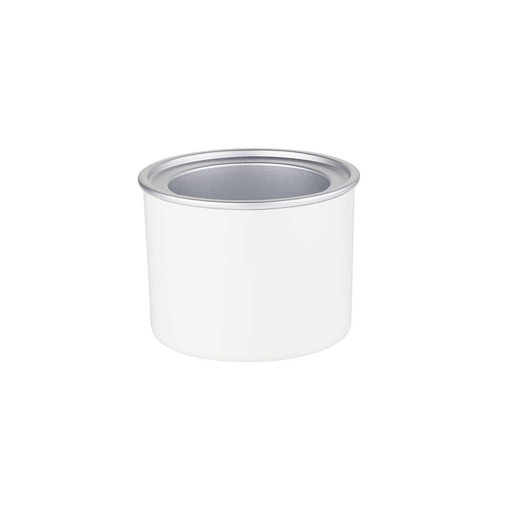 Auf weißem Untergrund ist ein schlichter, weißer, zylindrischer Eisbehälter/Gefrierakku für EISMASCHINE Gelato 48855 von Unold mit silbernem Rand abgebildet, die leere Dose weist keine Beschriftung oder Markierung auf.