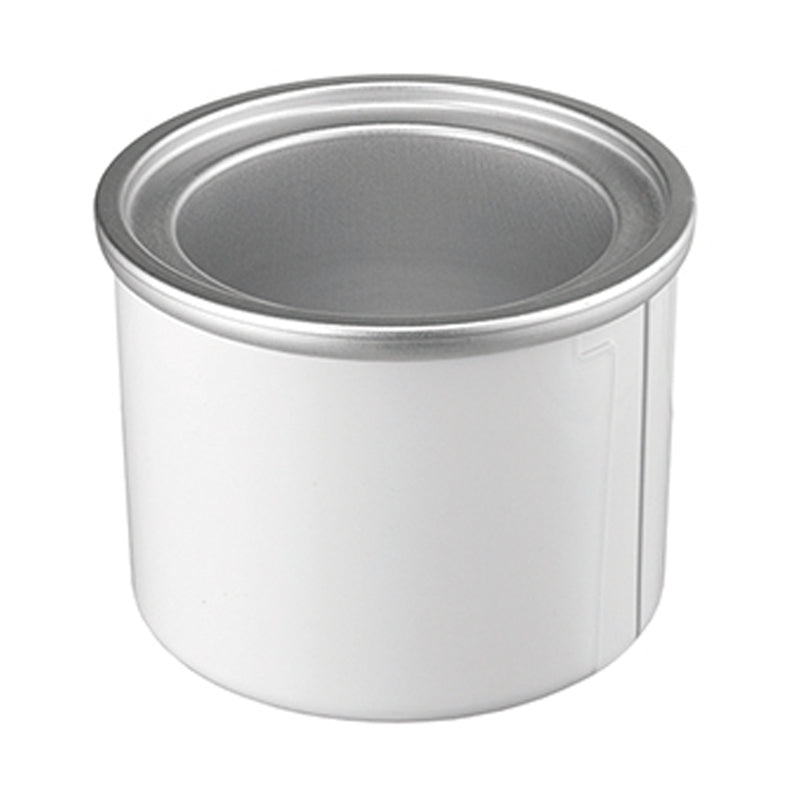 Der Unold Eisbehälter/Gefrierakku für EISMASCHINE Softi 48860 ist eine schlichte, weiße, zylindrische Metalldose mit silbernem Rand an der offenen Oberseite, die vor einem weißen Hintergrund präsentiert wird.